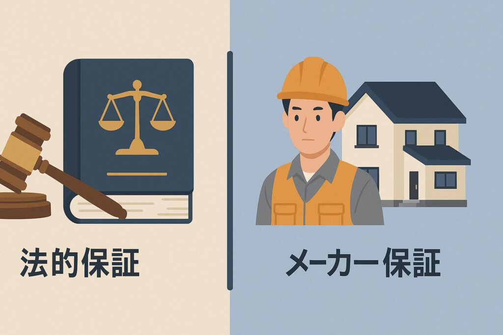 法律による10年保証とハウスメーカー独自保証を対比するために法典と木槌と日本人の建築作業員と住宅を並べたイメージ図