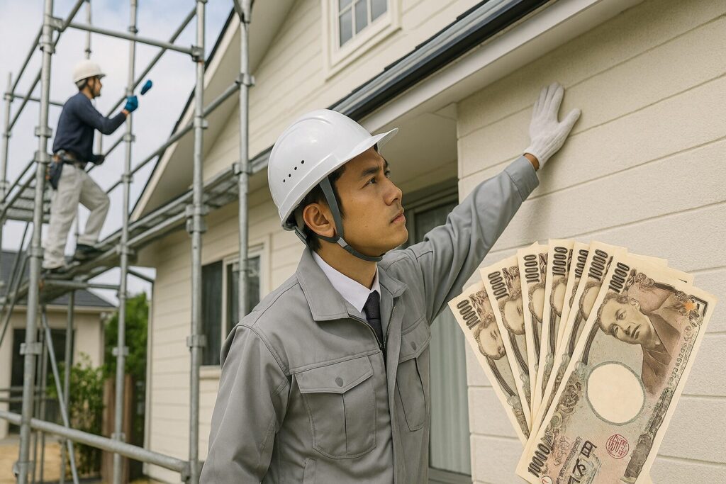 外壁塗装やシーリング打ち替えなど10年点検後の有償メンテナンス工事により高額な費用が発生することを示す日本の戸建て住宅と作業員と紙幣の写真