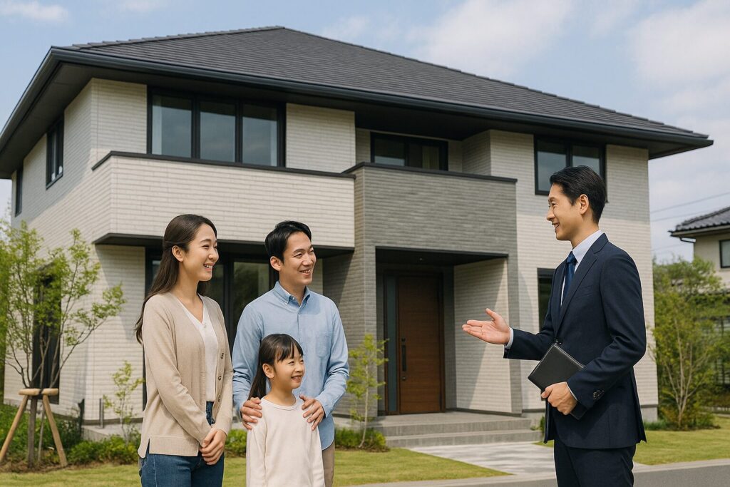 積水ハウスのようなハウスメーカーで永年保証付きの家を建てた日本人家族が自宅前で担当営業と今後のメンテナンスについて話している様子