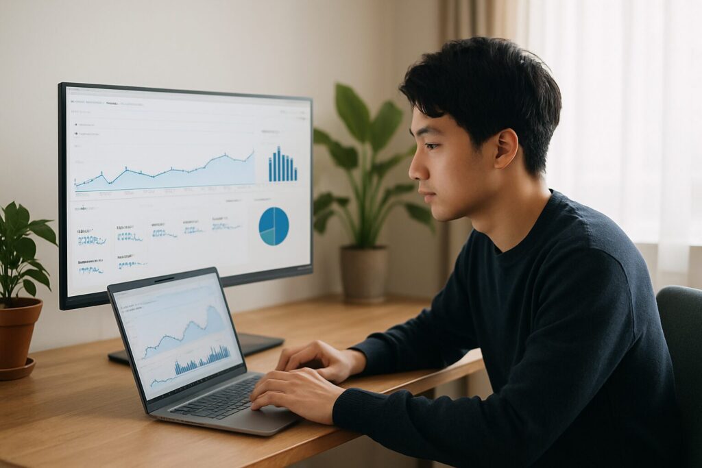自宅のワークスペースでノートパソコンを操作しながら、大型モニターに表示されたサイトのアクセス解析グラフを真剣に確認する日本人男性の写真