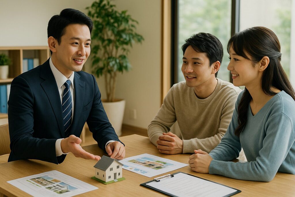 ハウスメーカーの営業担当者がモデルハウスのミニチュアを使いながら、日本人カップルに紹介割引や住宅購入プランを提案している商談シーンの写真