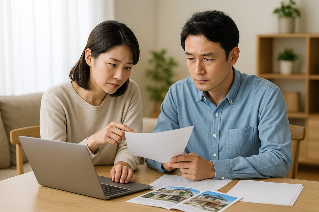 「ハウスメーカー選びで危険度ランキングに頼らず、資料を確認しながら自分たちで安全性を見極めようとする日本人夫婦の相談風景」