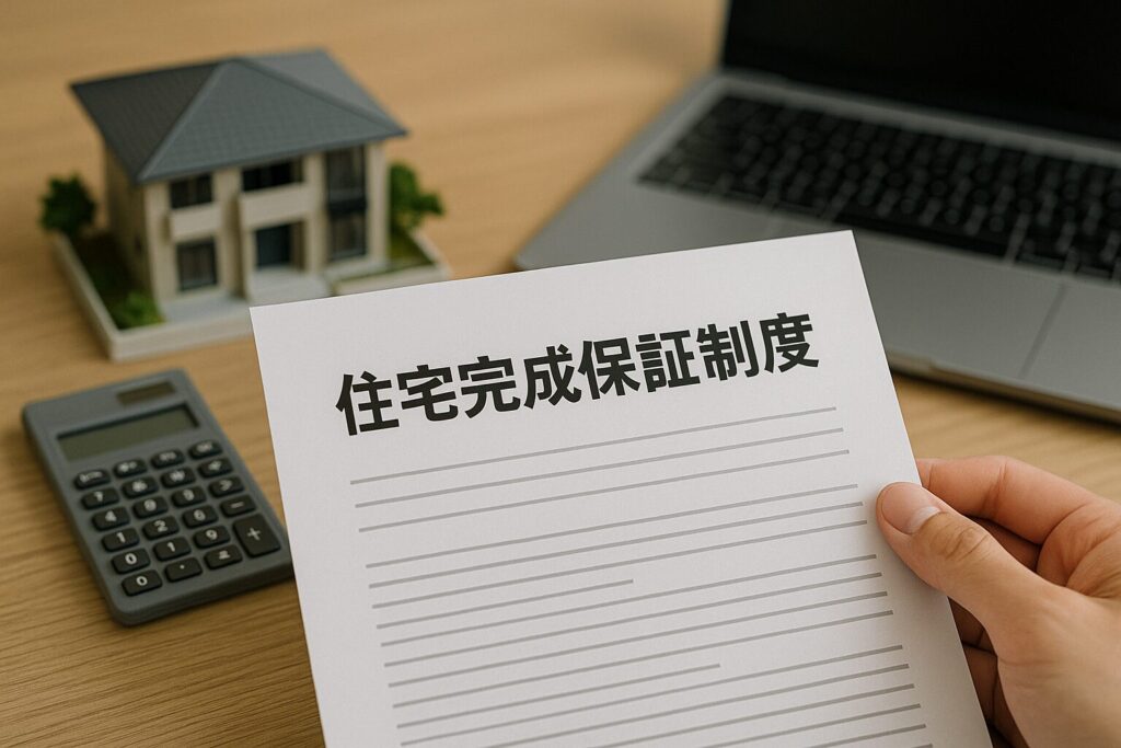「住宅完成保証制度の加入状況を確認するため、家の模型や資料を前に保証内容をチェックする日本人の手元の様子」