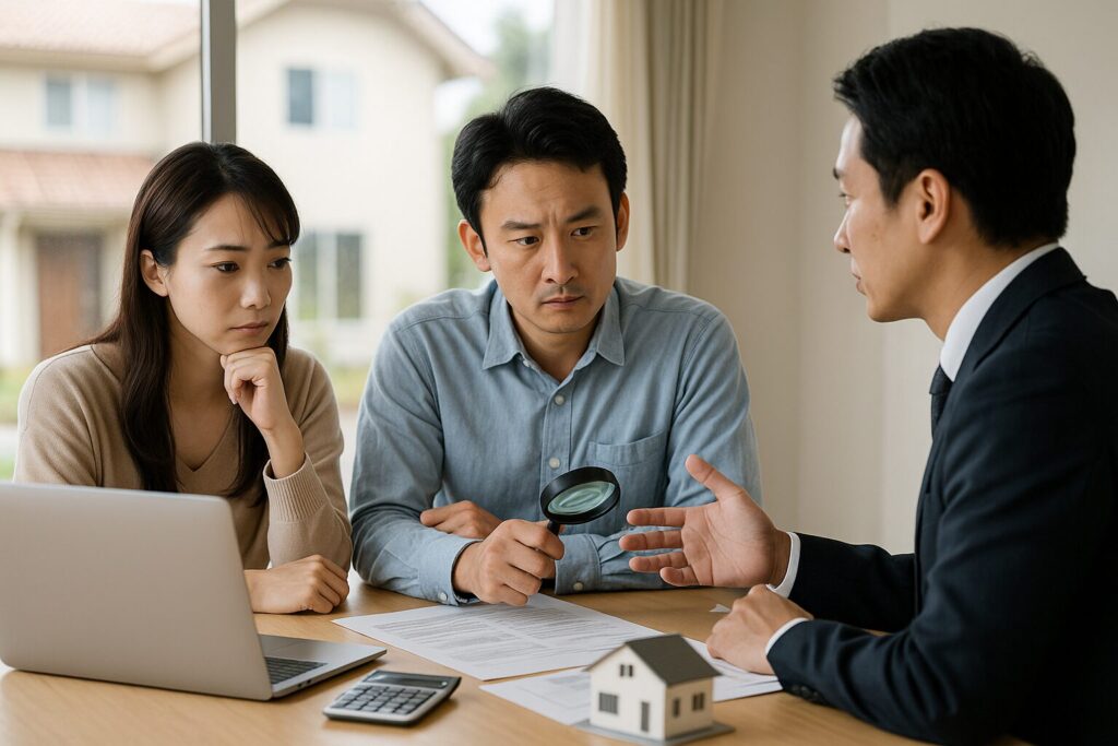 「ハウスメーカーの危険度ランキングだけに頼らず、専門家の説明を受けながら資料や契約内容を慎重に確認する日本人夫婦の相談風景」
