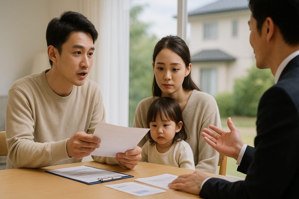 　「日本人の若い夫婦と幼い子どもが、明るいリビングで住宅ローンや団体信用生命保険の内容についてファイナンシャルプランナーと相談している様子を写した写真」