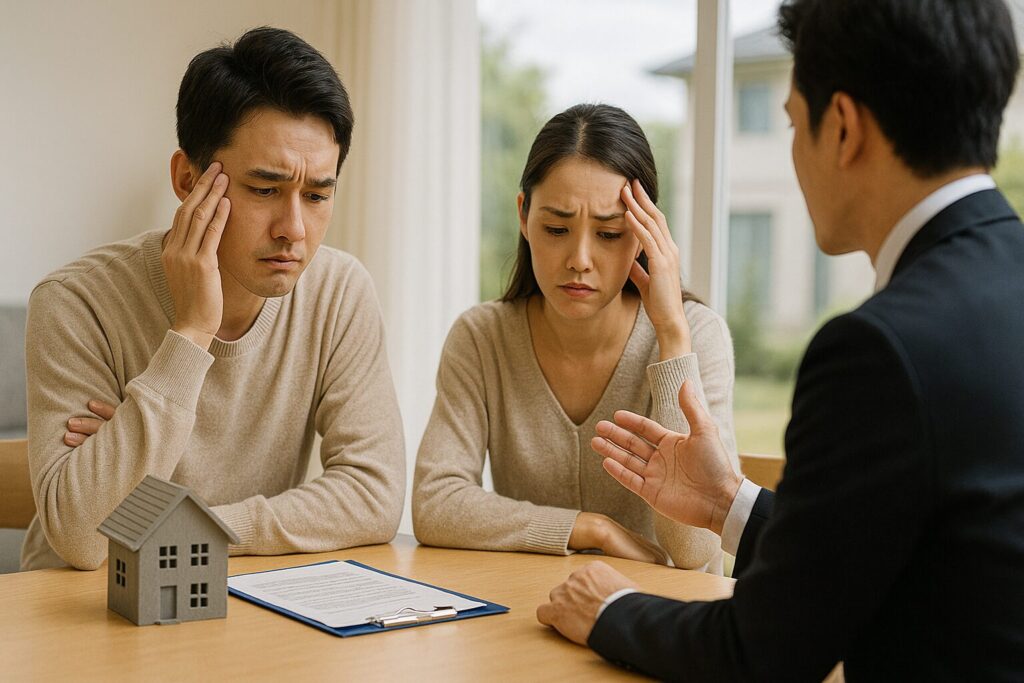 　「日本人の夫婦が住宅ローンの書類とミニチュアの家を前に、頭金を入れない場合のリスクについて住宅担当者から説明を受け、不安そうな表情で考え込んでいる様子の写真」