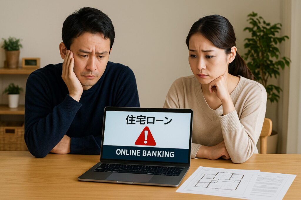 「住宅ローンのオンライン申込み画面を前に、不安そうな表情でパソコン画面を見つめる日本人夫婦。ネット銀行の住宅ローンの危険性やデメリットに悩んでいる様子」