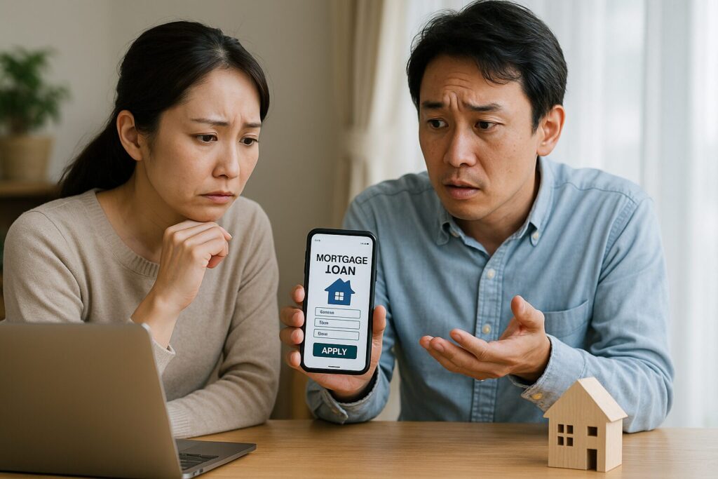 「ネット銀行で住宅ローンを申し込むか悩みながら、スマホ画面のローン申込み画面を見つめる日本人夫婦。テーブルにはノートパソコンと木製の家の模型が置かれており、ネット銀行の住宅ローンのリスクと対策を考えている様子」