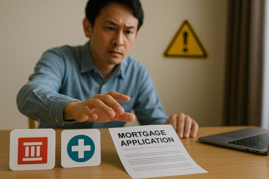 複数の金融機関への住宅ローン申込書に手を伸ばしかけている日本人男性と警告サインで「連続申し込み」の危険性をイメージした写真