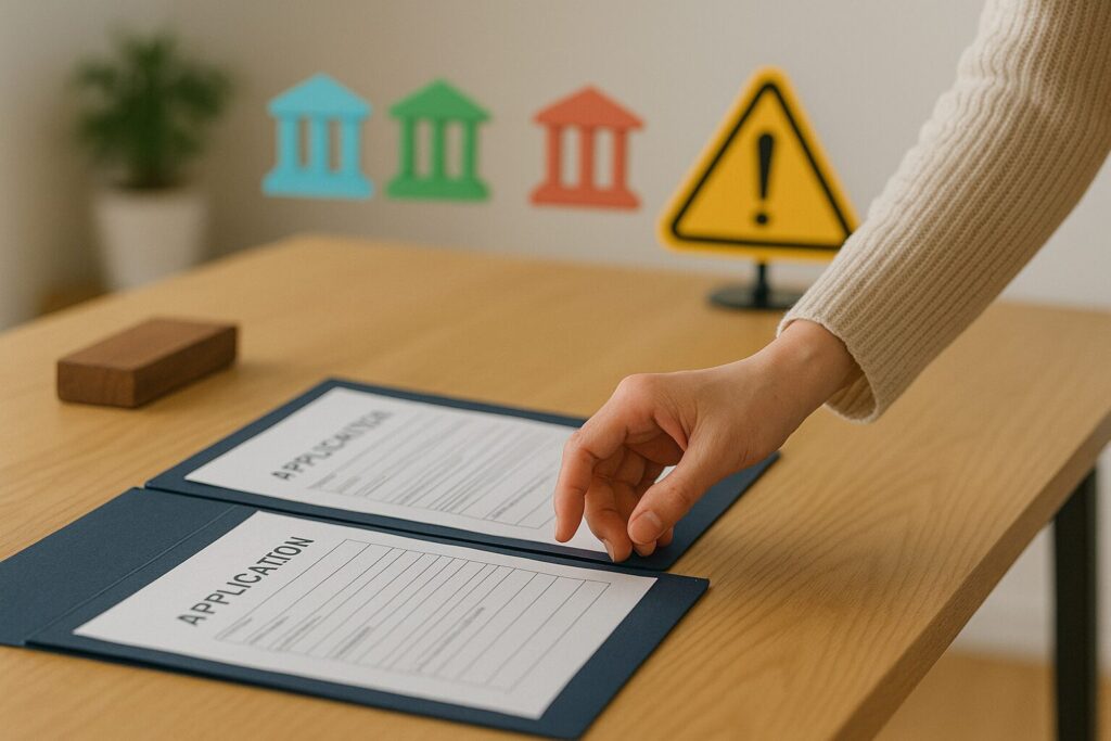 銀行やカード会社をイメージしたアイコンの前で、申込書類フォルダに手を伸ばす日本人の手元をクローズアップした写真（信用情報を確認するイメージ）