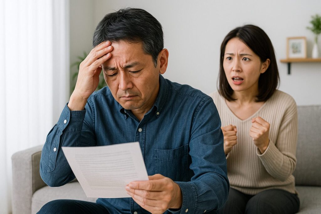 ペアローンの返済や特約リスクについて話し合う中、書類を見つめて深刻な表情をする夫と、後ろで困惑する妻が写った日本人夫婦の様子。