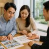 新築一戸建ての購入前に日本人夫婦が住宅営業担当者と間取り図を見ながら保証内容について相談している様子
