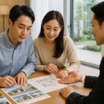 新築一戸建ての購入前に日本人夫婦が住宅営業担当者と間取り図を見ながら保証内容について相談している様子