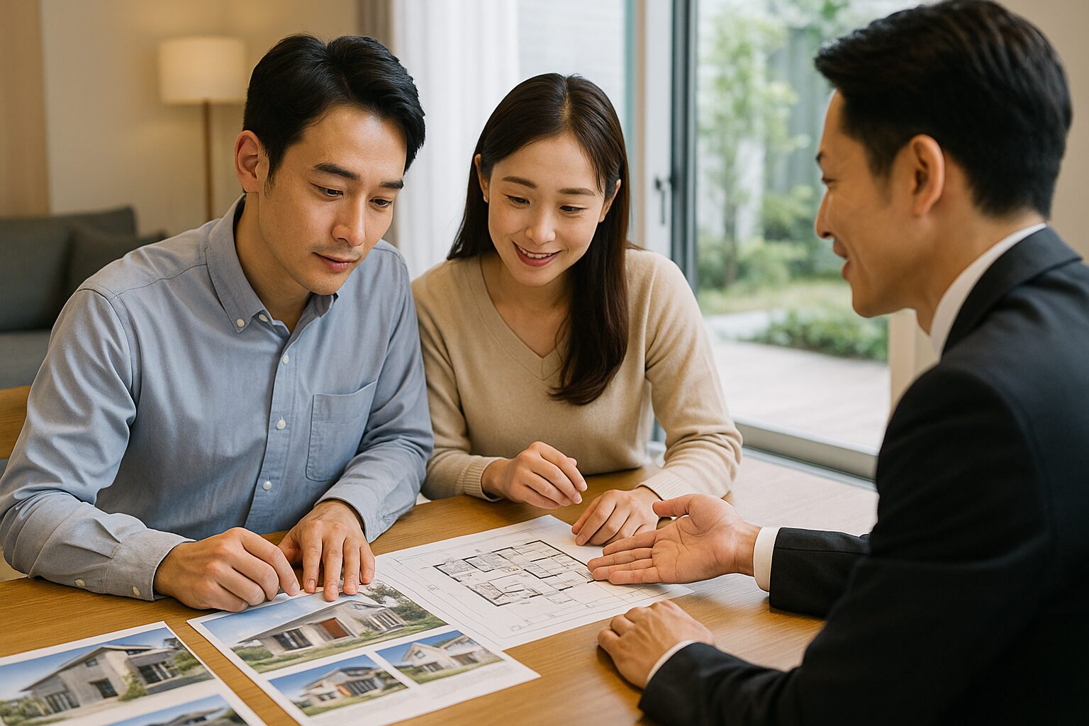 新築一戸建ての購入前に日本人夫婦が住宅営業担当者と間取り図を見ながら保証内容について相談している様子
