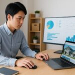 家づくりブログの運営者と思われる日本人男性が自宅オフィスでパソコンと大型モニターを使い、サイトのアクセス解析グラフを確認している写真