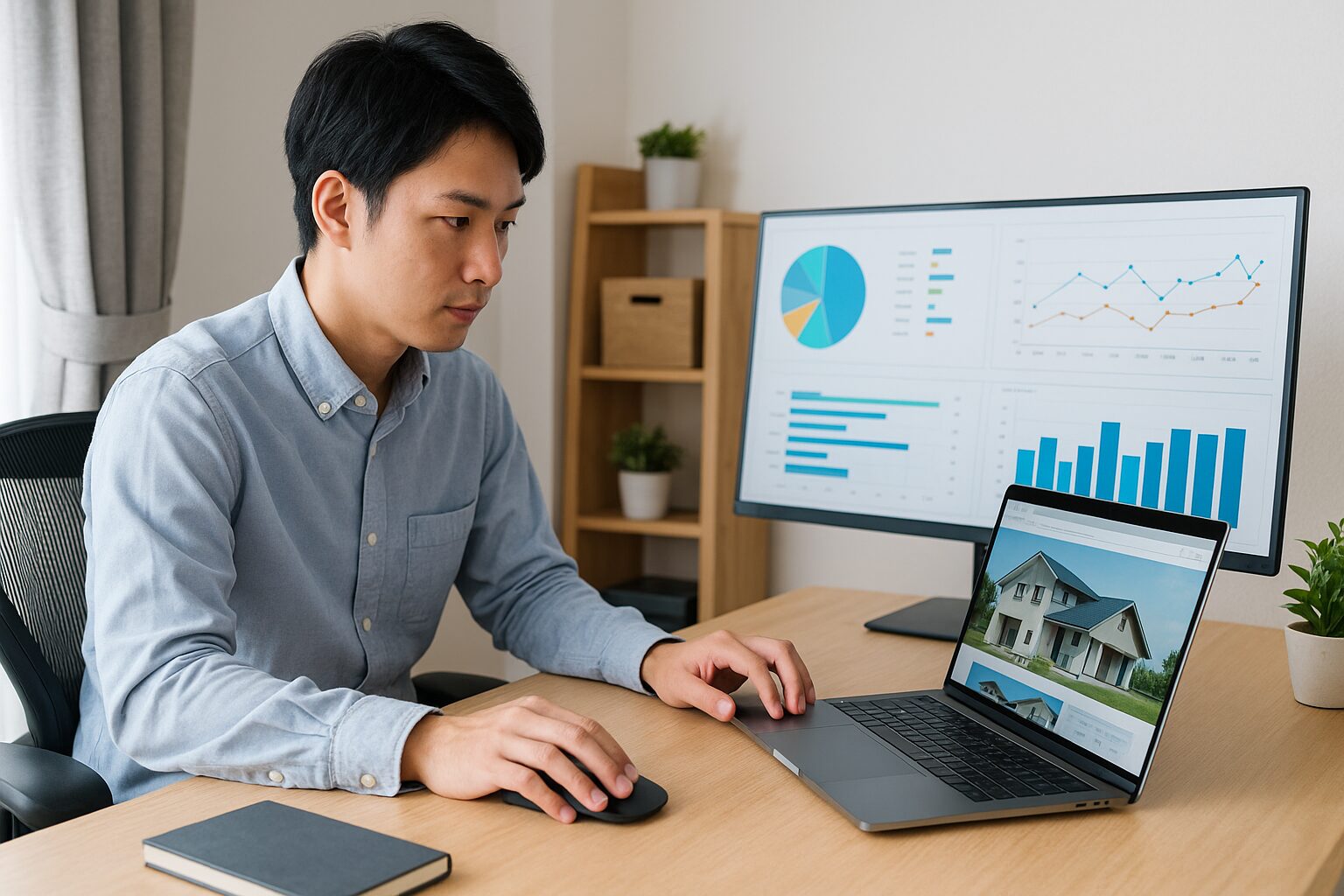 家づくりブログの運営者と思われる日本人男性が自宅オフィスでパソコンと大型モニターを使い、サイトのアクセス解析グラフを確認している写真