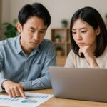 「日本人の若い夫婦がリビングのテーブルでノートパソコンとグラフ資料を見ながら、住宅ローンや頭金について真剣に話し合っている様子を写した写真。」