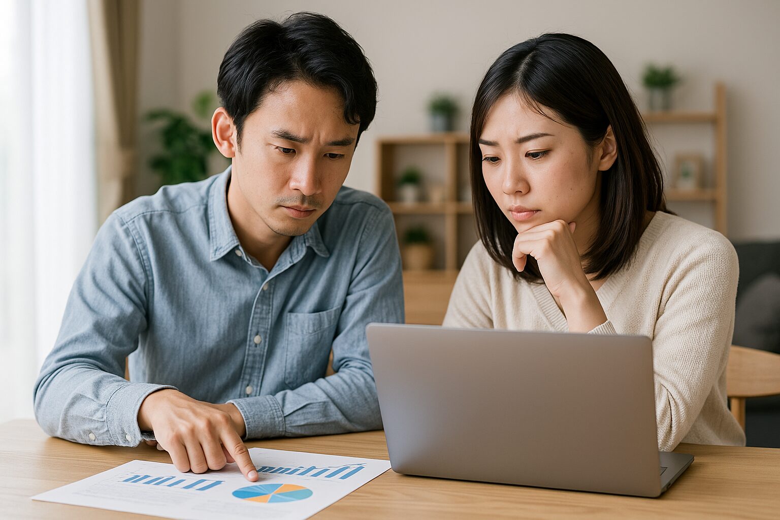 「日本人の若い夫婦がリビングのテーブルでノートパソコンとグラフ資料を見ながら、住宅ローンや頭金について真剣に話し合っている様子を写した写真。」