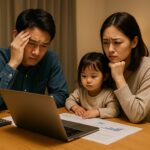 住宅ローンの計算書類とパソコン画面を見ながら、深刻な表情で悩んでいる夫婦と子供