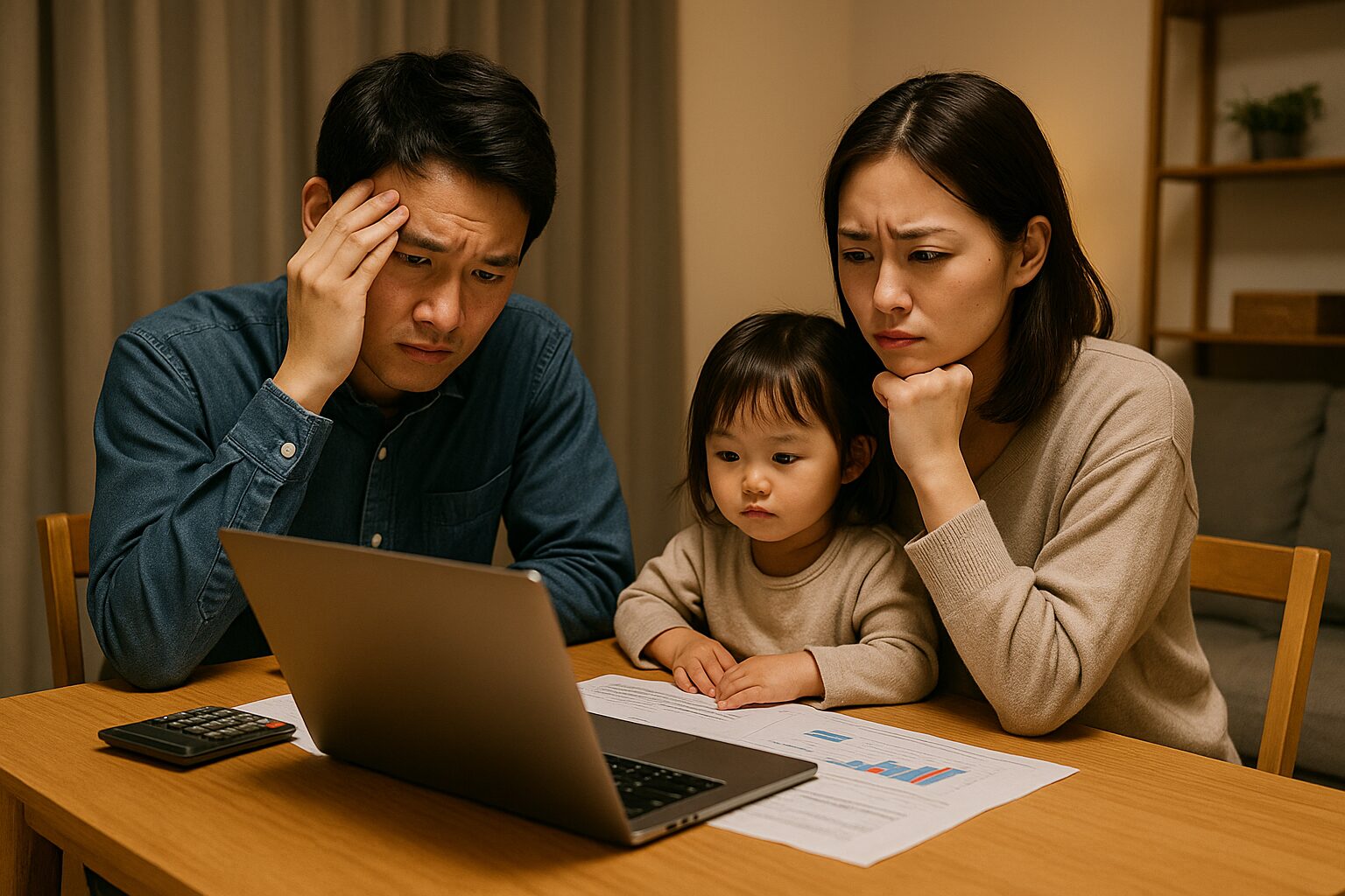 住宅ローンの計算書類とパソコン画面を見ながら、深刻な表情で悩んでいる夫婦と子供