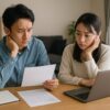 住宅ローン審査に落ちた通知を見て不安そうな表情で相談する日本人夫婦とテーブル上の書類・ノートパソコンの様子