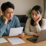 住宅ローン審査に落ちた通知を見て不安そうな表情で相談する日本人夫婦とテーブル上の書類・ノートパソコンの様子