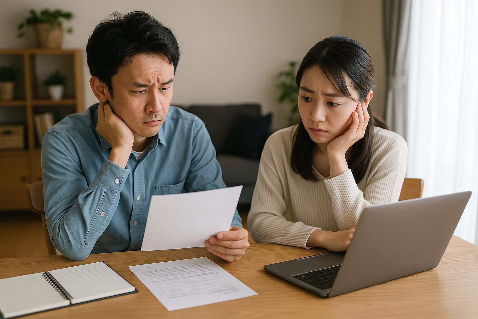 住宅ローン審査に落ちた通知を見て不安そうな表情で相談する日本人夫婦とテーブル上の書類・ノートパソコンの様子