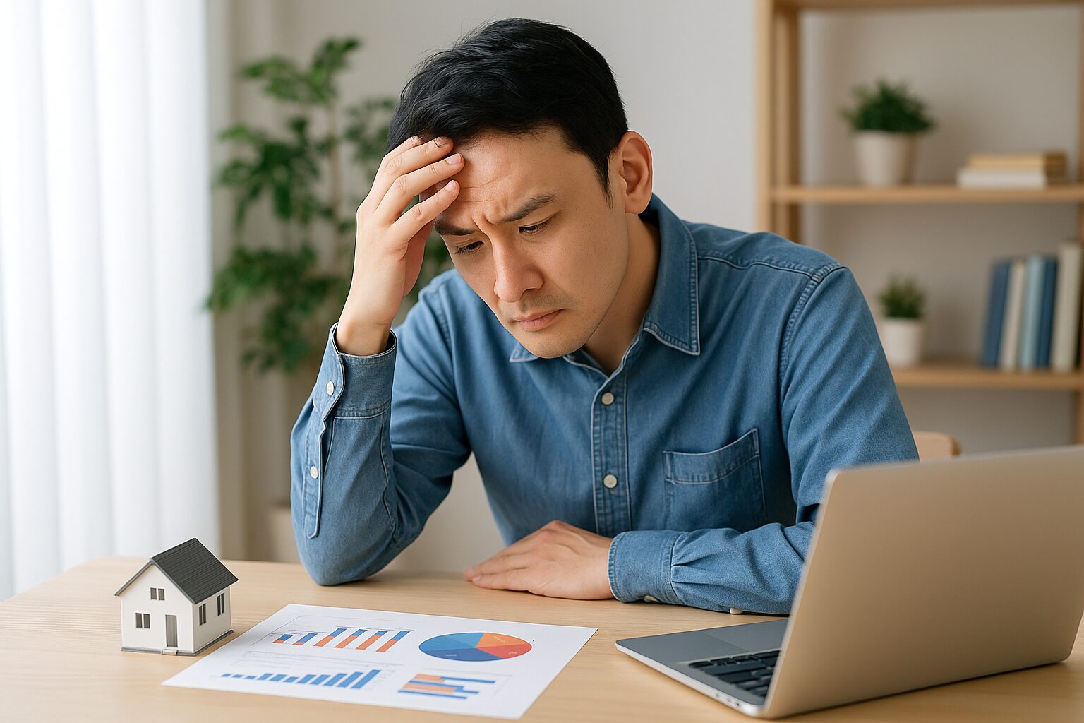 住宅ローンの書類を前に座り込み、真剣な表情で悩む男性。その横には家の模型と電卓がある。
