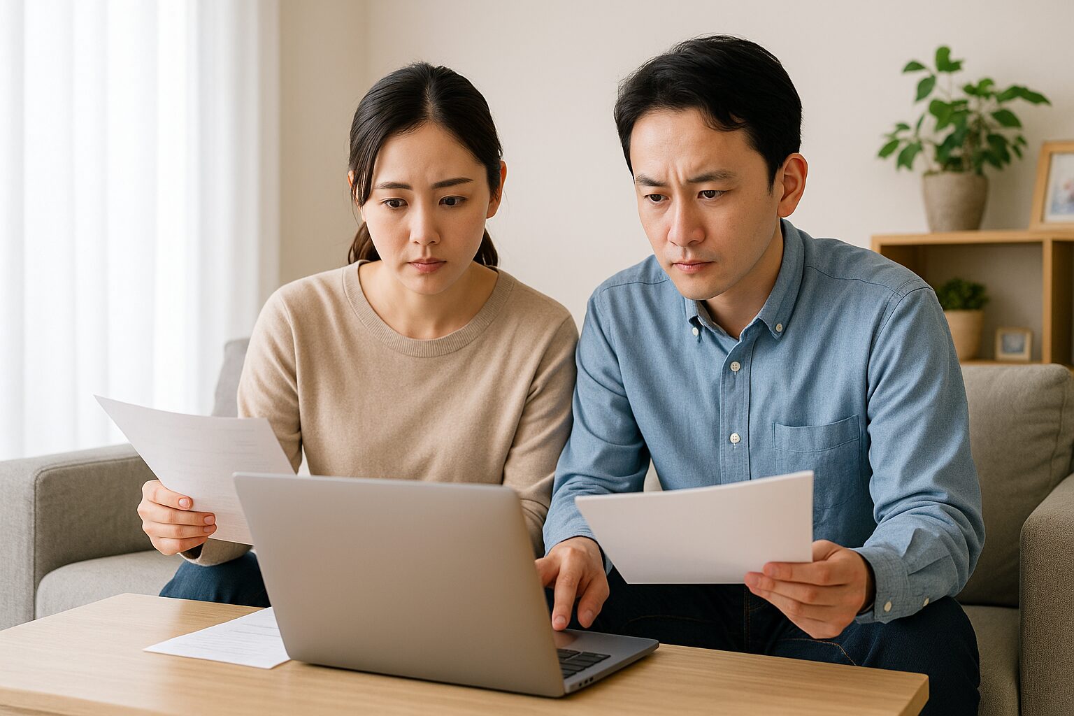 「家づくりに関する公的機関の情報を調べるため、住宅関連の資料を手にした日本人夫婦がノートパソコンを見ながら真剣に確認している様子」