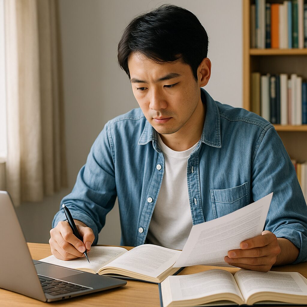 「家づくりについて学ぶために、机に広げた本や資料に目を通しながら真剣に勉強する日本人男性の様子」